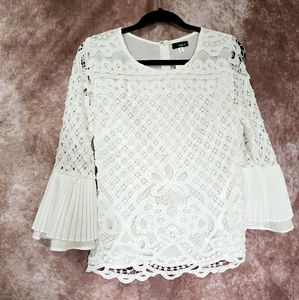 FAISCA Women's Medium White Macrame Zip Up Long Bell Sleeves Lined Tunic